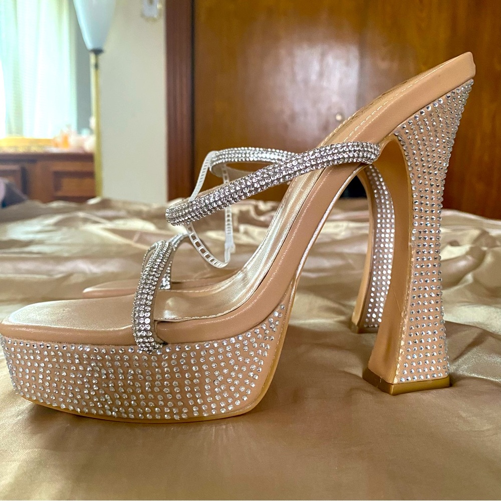 Nude Platform Rhinestone Strap Heels
